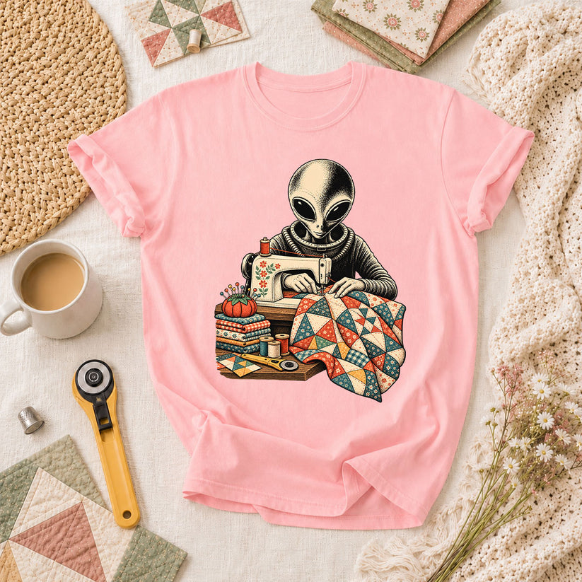 Alien Sewing Machine Quilter T-Shirt - Pink