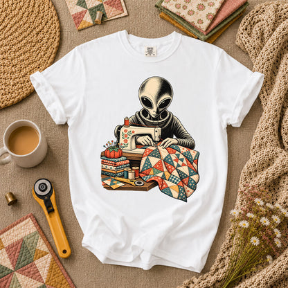 Alien Sewing Machine Quilter T-Shirt - White
