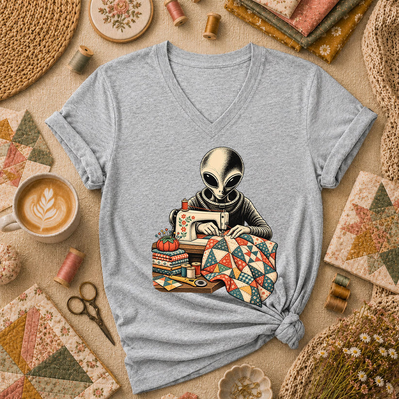 Alien Sewing Machine Quilter Women's V-Neck - Athletic Heather