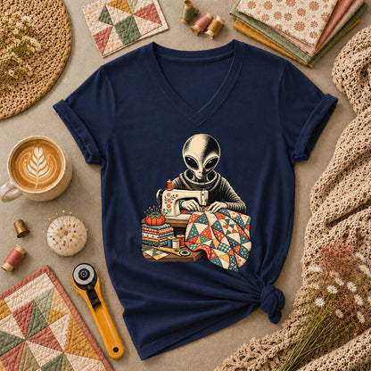Alien Sewing Machine Quilter Women's V-Neck - Navy