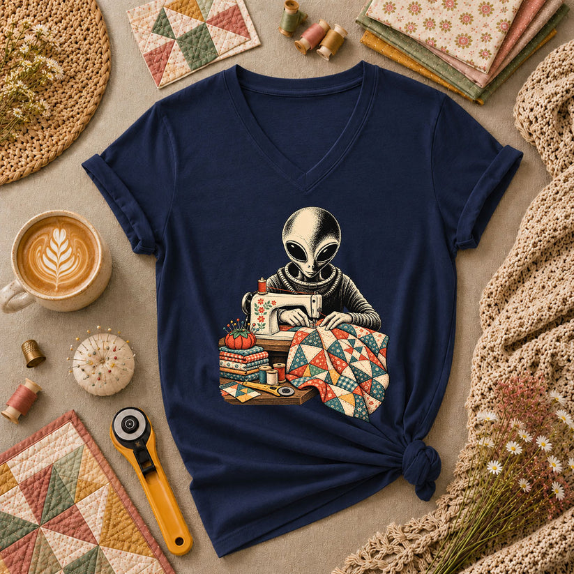 Alien Sewing Machine Quilter Women's V-Neck - Navy