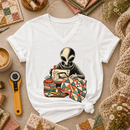 Alien Sewing Machine Quilter Women's V-Neck - White