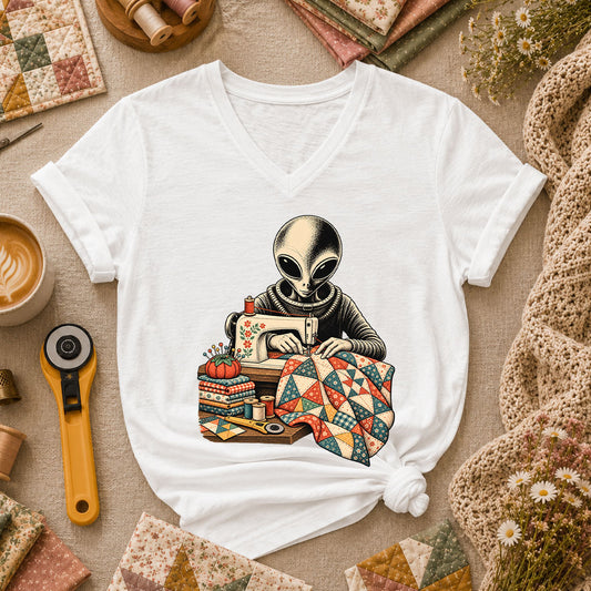 Alien Sewing Machine Quilter Women's V-Neck - White