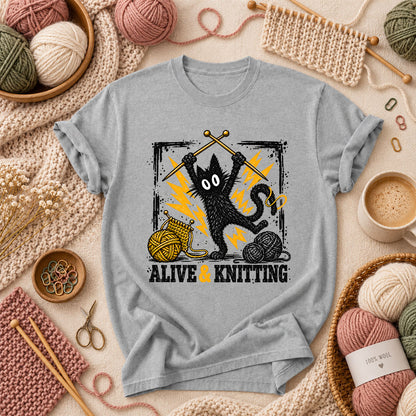 Alive And Knitting Black Cat T-Shirt - Athletic Heather