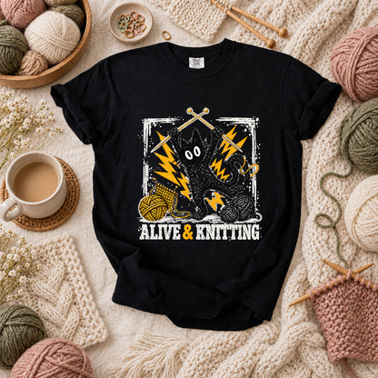 Alive And Knitting Black Cat T-Shirt - Black