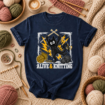 Alive And Knitting Black Cat T-Shirt - Navy
