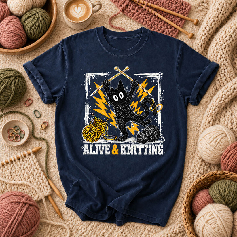 Alive And Knitting Black Cat T-Shirt - Navy