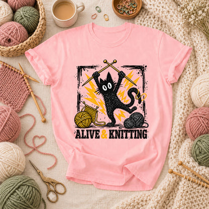 Alive And Knitting Black Cat T-Shirt - Pink