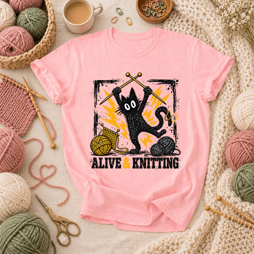 Alive And Knitting Black Cat T-Shirt - Pink