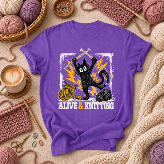 Alive And Knitting Black Cat T-Shirt - Purple