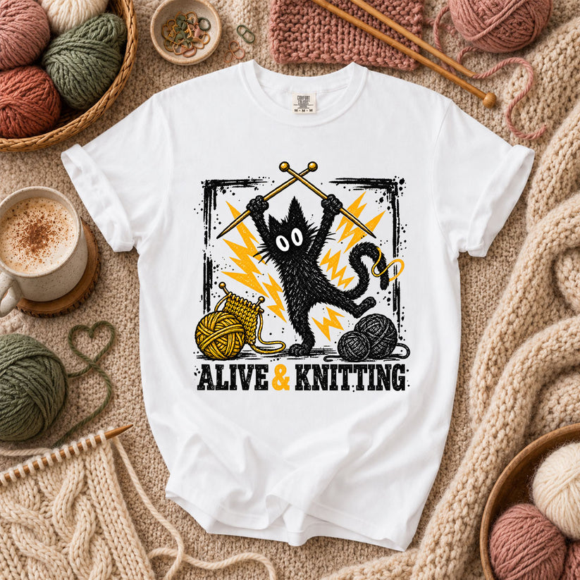 Alive And Knitting Black Cat T-Shirt - White