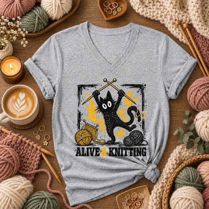 Alive And Knitting Black Cat Women's V-Neck - Athletic Heather