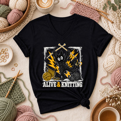 Alive And Knitting Black Cat Women's V-Neck - Black
