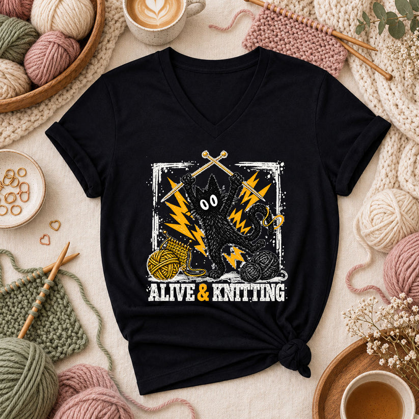 Alive And Knitting Black Cat Women's V-Neck - Black