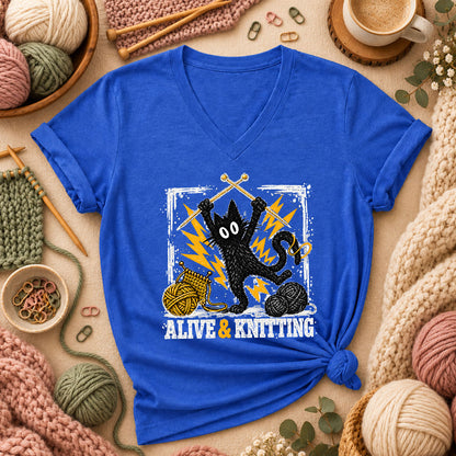 Alive And Knitting Black Cat Women's V-Neck - Heather True Royal