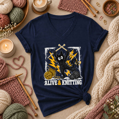 Alive And Knitting Black Cat Women's V-Neck - Navy