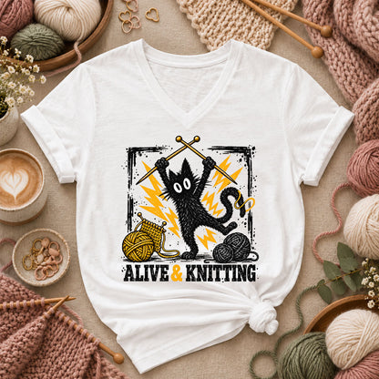 Alive And Knitting Black Cat Women's V-Neck - White