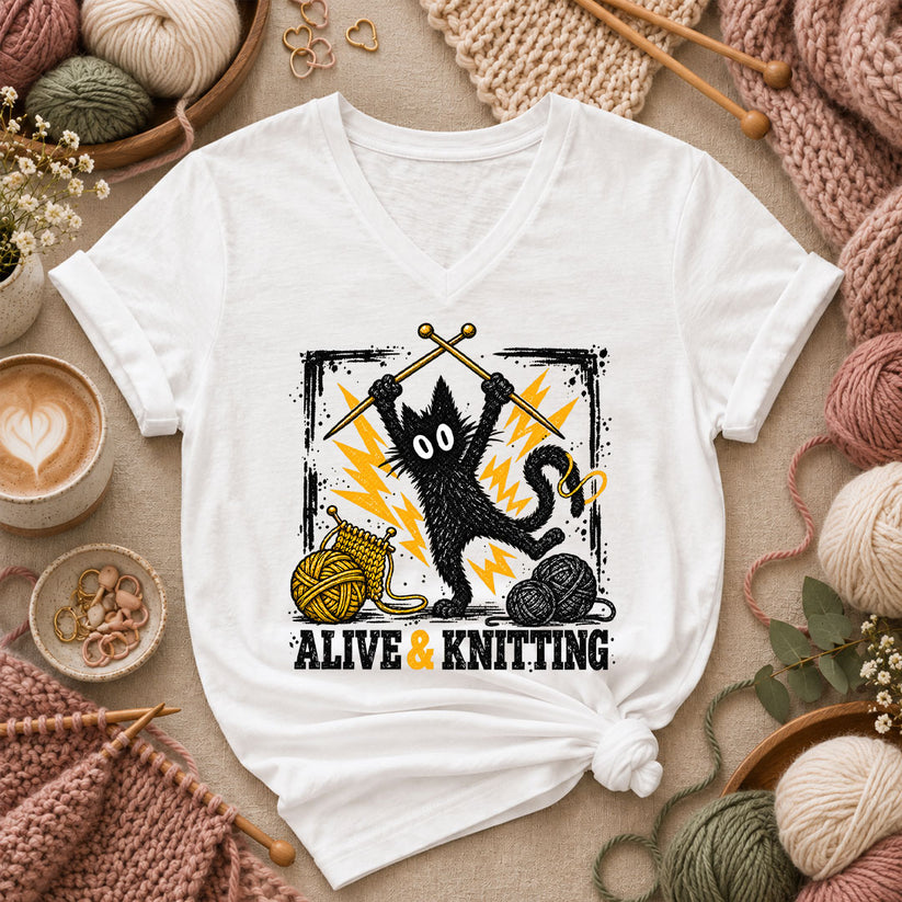 Alive And Knitting Black Cat Women's V-Neck - White