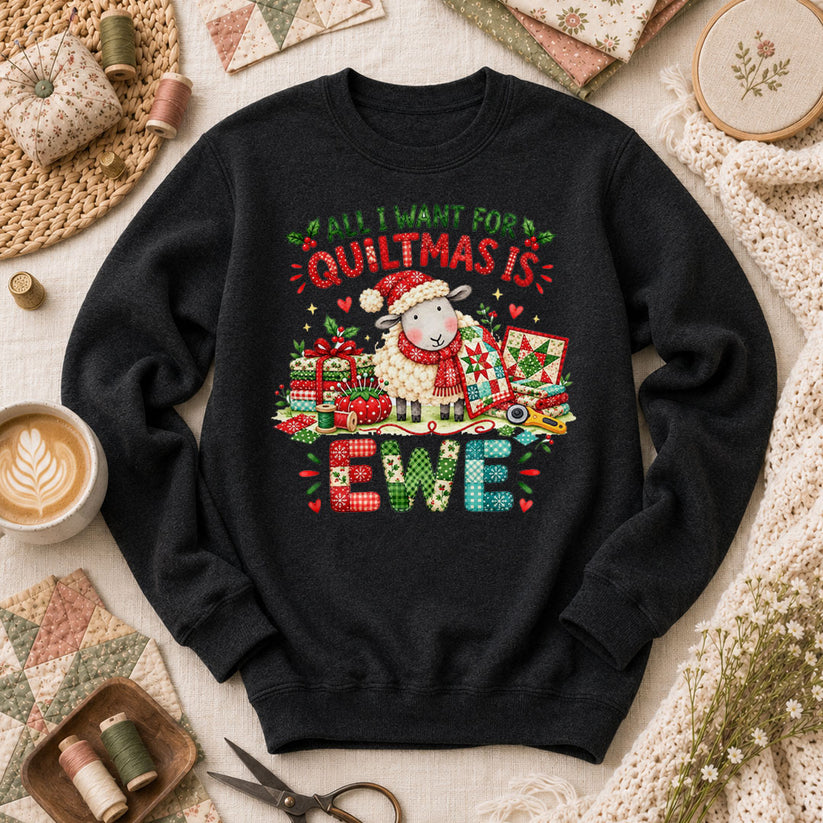 All I Want For Quiltmas Is Ewe Santa Hat Sheep Long Sleeve - Black