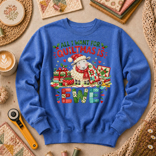 All I Want For Quiltmas Is Ewe Santa Hat Sheep Long Sleeve - Heather True Royal