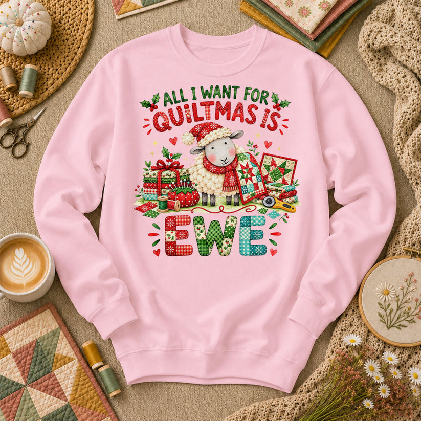 All I Want For Quiltmas Is Ewe Santa Hat Sheep Long Sleeve - Light Pink