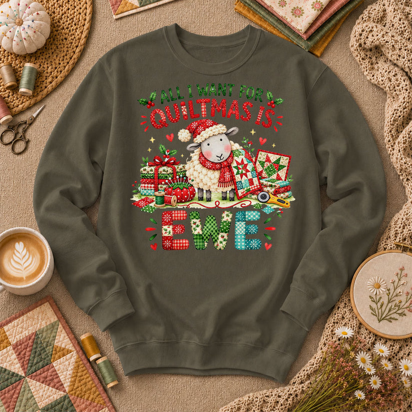 All I Want For Quiltmas Is Ewe Santa Hat Sheep Long Sleeve - Military Green
