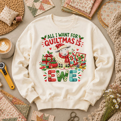 All I Want For Quiltmas Is Ewe Santa Hat Sheep Long Sleeve - Natural