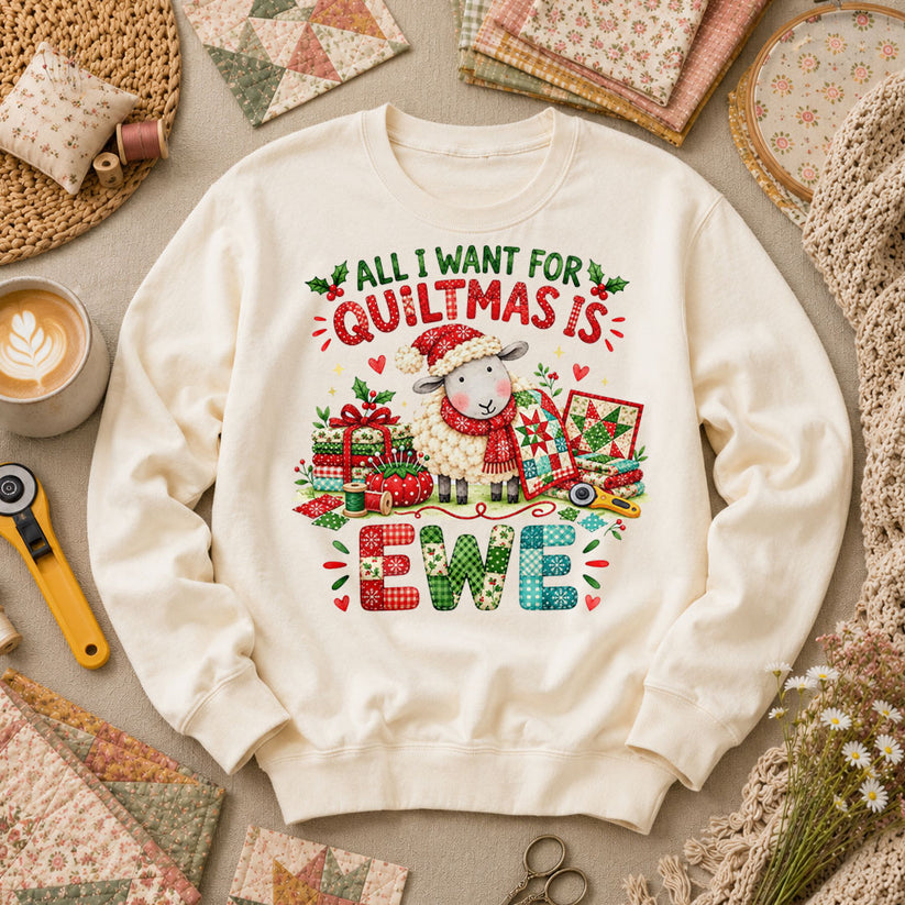 All I Want For Quiltmas Is Ewe Santa Hat Sheep Long Sleeve - Natural