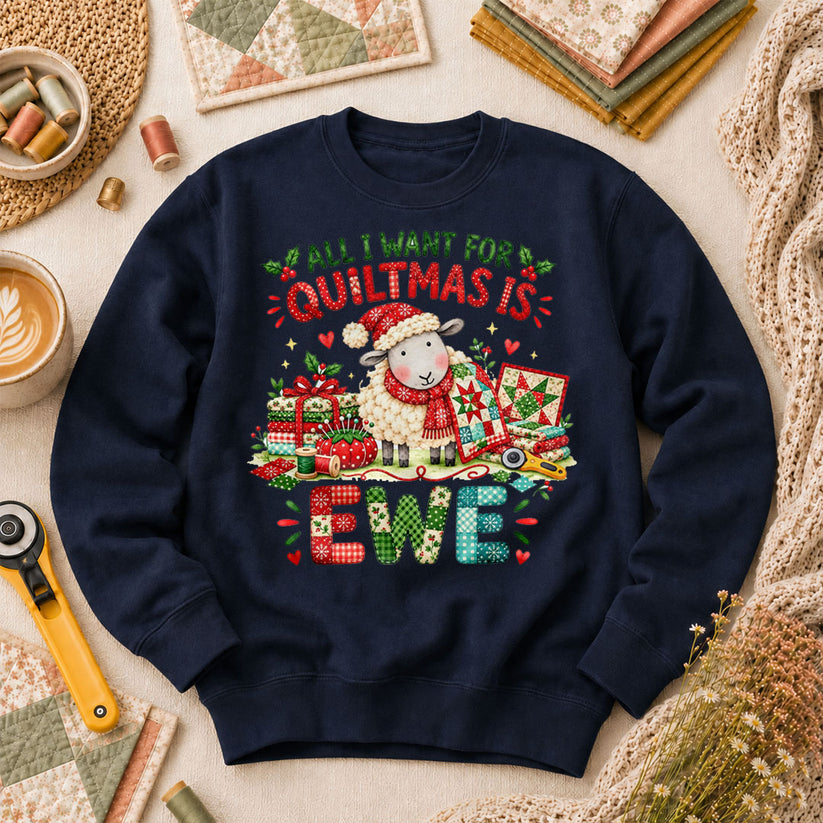 All I Want For Quiltmas Is Ewe Santa Hat Sheep Long Sleeve - Navy