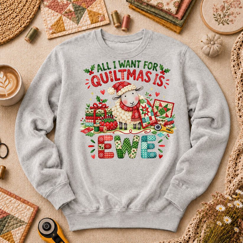 All I Want For Quiltmas Is Ewe Santa Hat Sheep Long Sleeve - Sport Grey