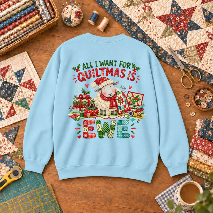 All I Want For Quiltmas Is Ewe Santa Hat Sheep Sweatshirt - Light Blue