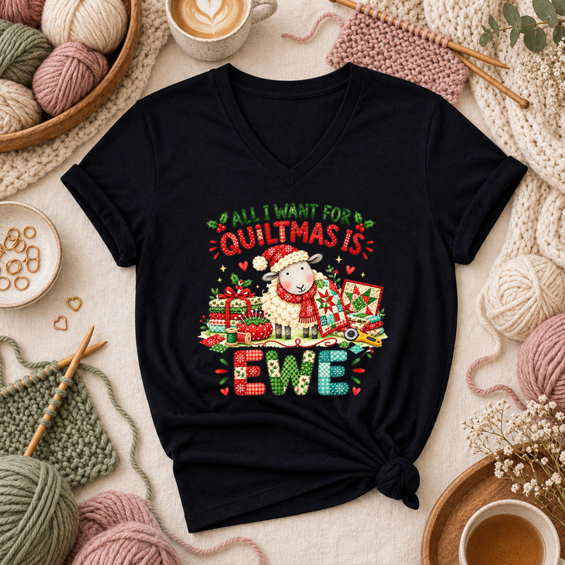 All I Want For Quiltmas Is Ewe Santa Hat Sheep Women's V-Neck - Black