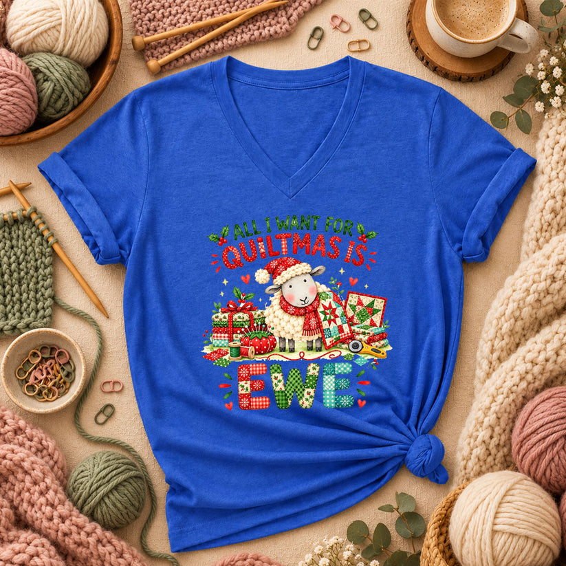 All I Want For Quiltmas Is Ewe Santa Hat Sheep Women's V-Neck - Heather True Royal