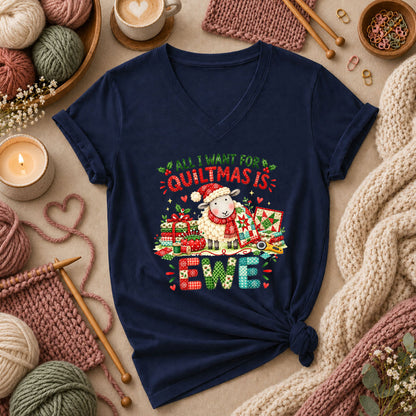 All I Want For Quiltmas Is Ewe Santa Hat Sheep Women's V-Neck - Navy