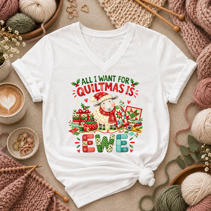 All I Want For Quiltmas Is Ewe Santa Hat Sheep Women's V-Neck - White