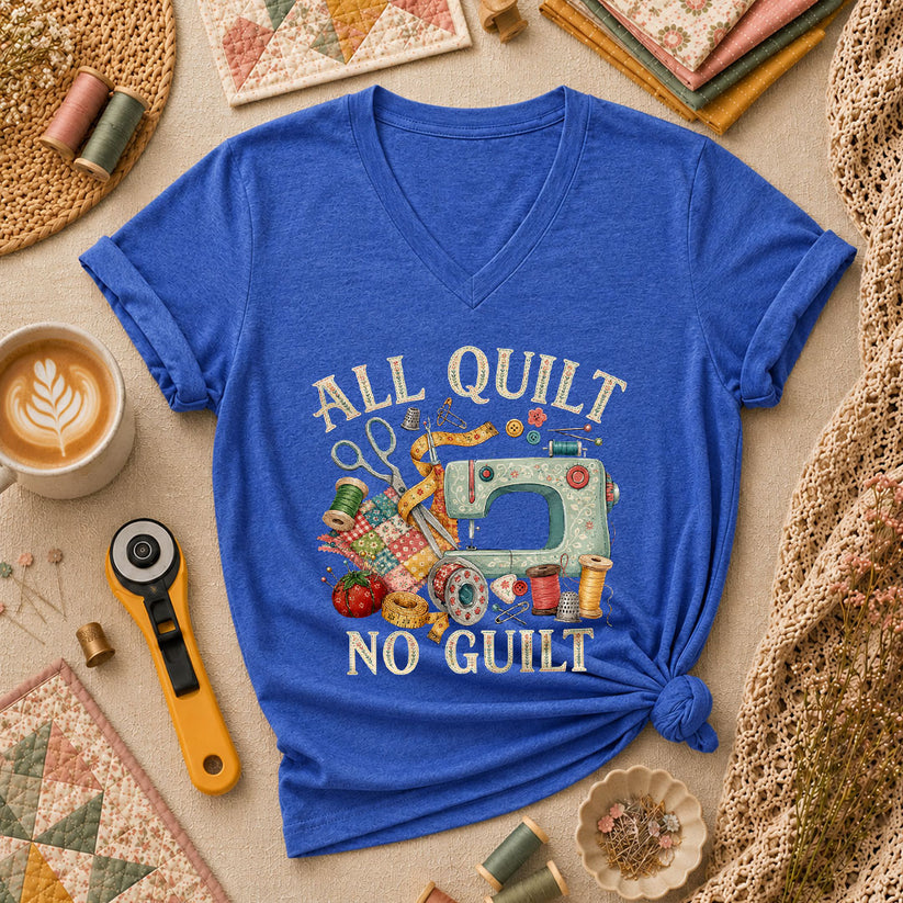 All Quilt No Guilt Women's V-Neck - Heather True Royal