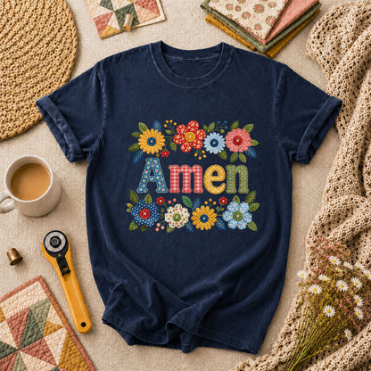 Amen Floral Quilted T-Shirt - Navy