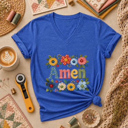 Amen Floral Quilted Women's V-Neck - Heather True Royal