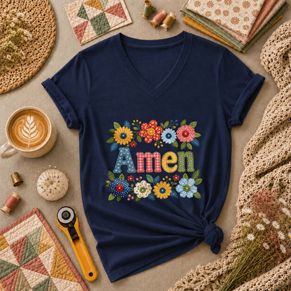 Amen Floral Quilted Women's V-Neck - Navy