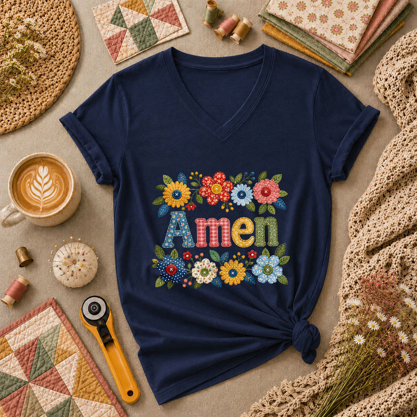 Amen Floral Quilted Women's V-Neck - Navy
