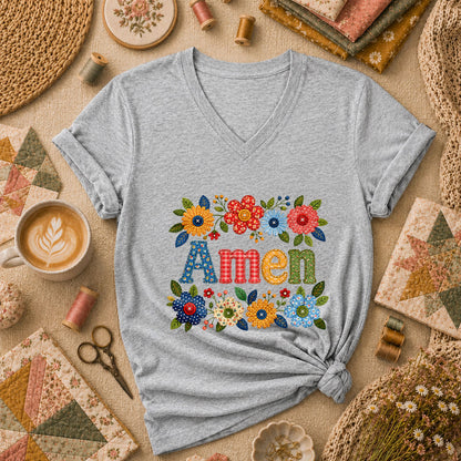 Amen Floral Quilted Women's V-Neck - Sport Grey
