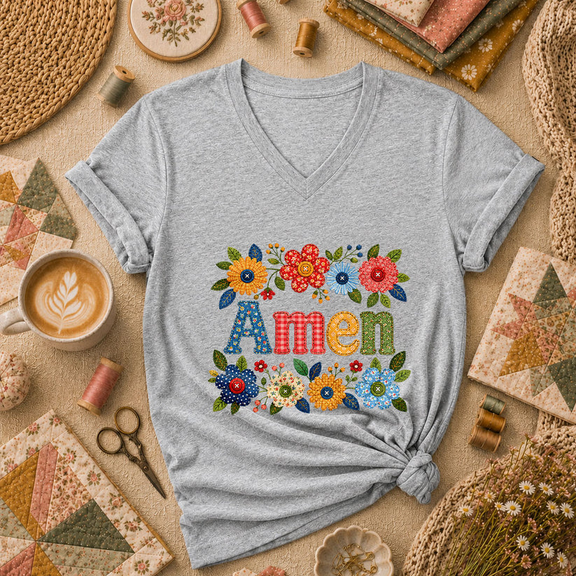 Amen Floral Quilted Women's V-Neck - Sport Grey