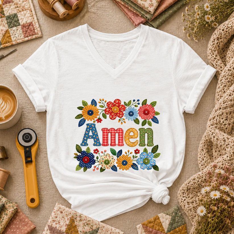 Amen Floral Quilted Women's V-Neck - White