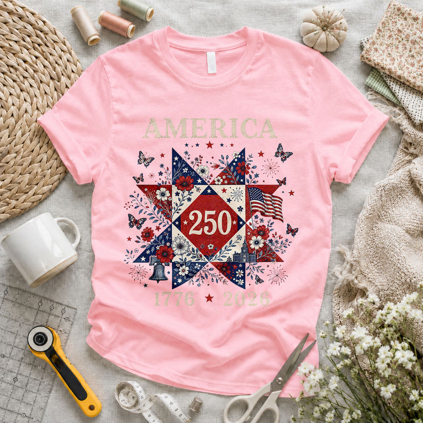 America 250 Butterflies Floral Quilt Block - Pink flatlay
