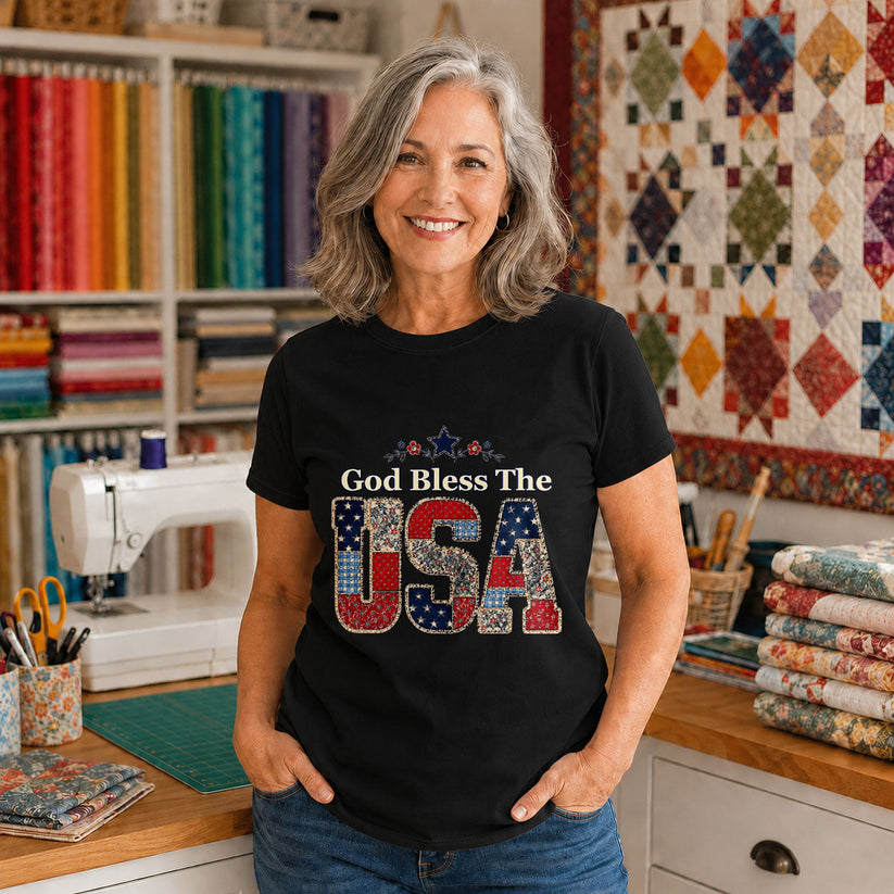 America Floral Wildflowers Patriotic Quilted - Black flatlay