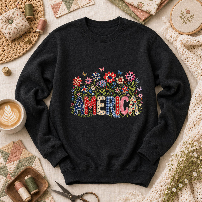 America Patriotic Floral Long Sleeve - Black
