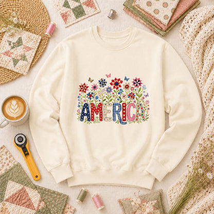 America Patriotic Floral Long Sleeve - Natural