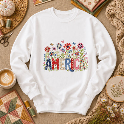 America Patriotic Floral Long Sleeve - White