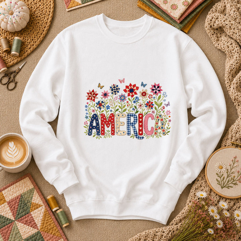America Patriotic Floral Long Sleeve - White