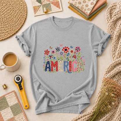 America Patriotic Floral T-Shirt - Athletic Heather